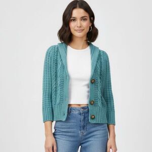 Aeropostale Cardigan Sweater Hooded Crochet Button Front Aqua Y2K Women sz XS